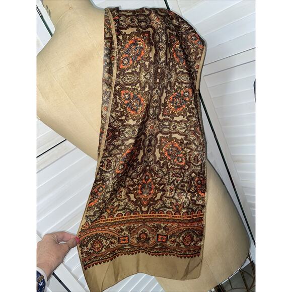 VTG 70s Brown Orange Geometric Rectangle Nylon Scarf Made In Japan 43”x13” - Picture 1 of 9